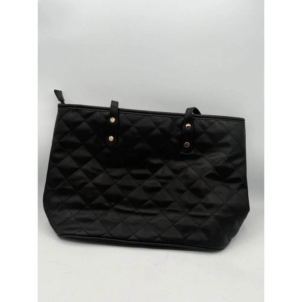 Montana West Black Quilted Tote Bag Signature Logo Brown Lining Zip Purse